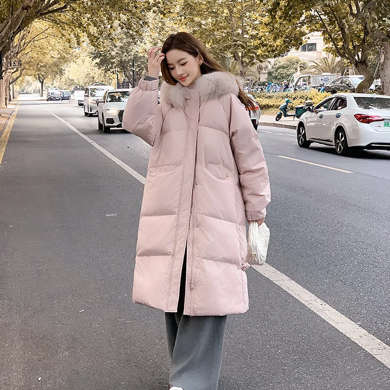 Women Long Parkas Coat Hooded Oversize Jacket Solid Zipper Fur Collar Full Sleeve Loose Fit Thick Casual Office Lady Winter 2025