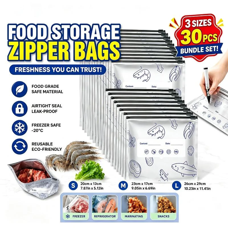 30Pcs Aluminum Foil Food Storage Bag Resealable Zipper Pouch Freezer Air Fryer Liner Oven Sheet Cutter Kitchen Accessories Tool