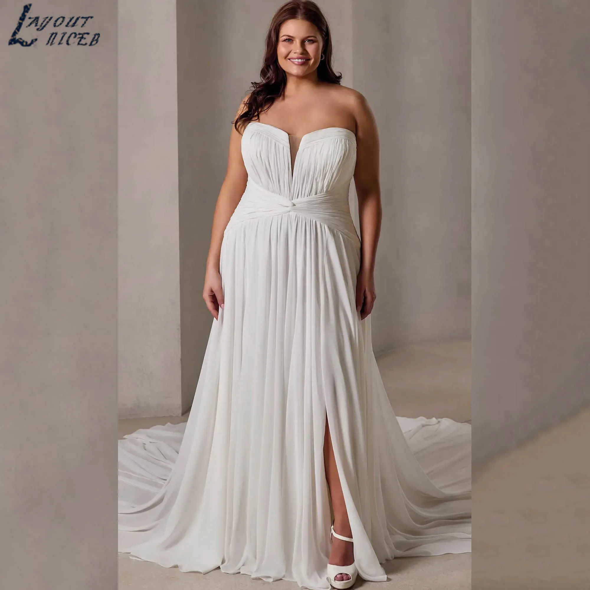 A-line Slit Chiffon Bride Gown Strapless Backless Simple Wedding Dress Detachable Sleeves vestidos de novia Plus Size Customized