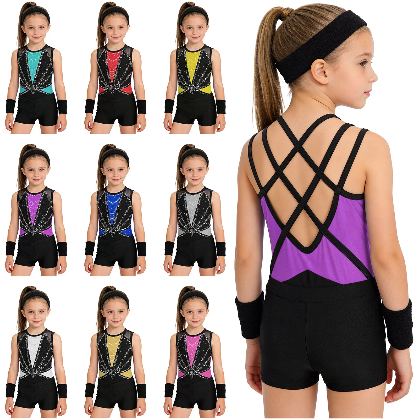 Girls Ballet Acrobatics Gymnastics Skating Leotard with Shorts Headband Wristbands Kids Dance Sports Workout Fitness Outfit
