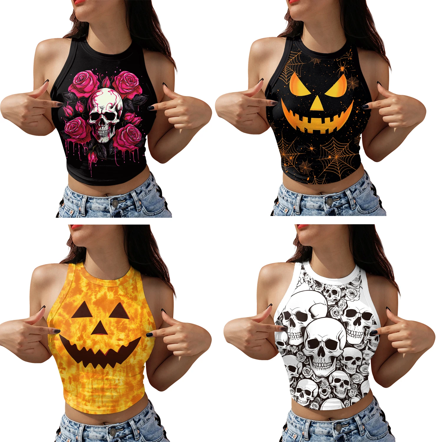 

[Ти мой секрет] Укороченные топы с графическим принтом на Хэллоуин, женские топы без рукавов «День мертвых» с сахарным черепом, топы на бретелях Y2K