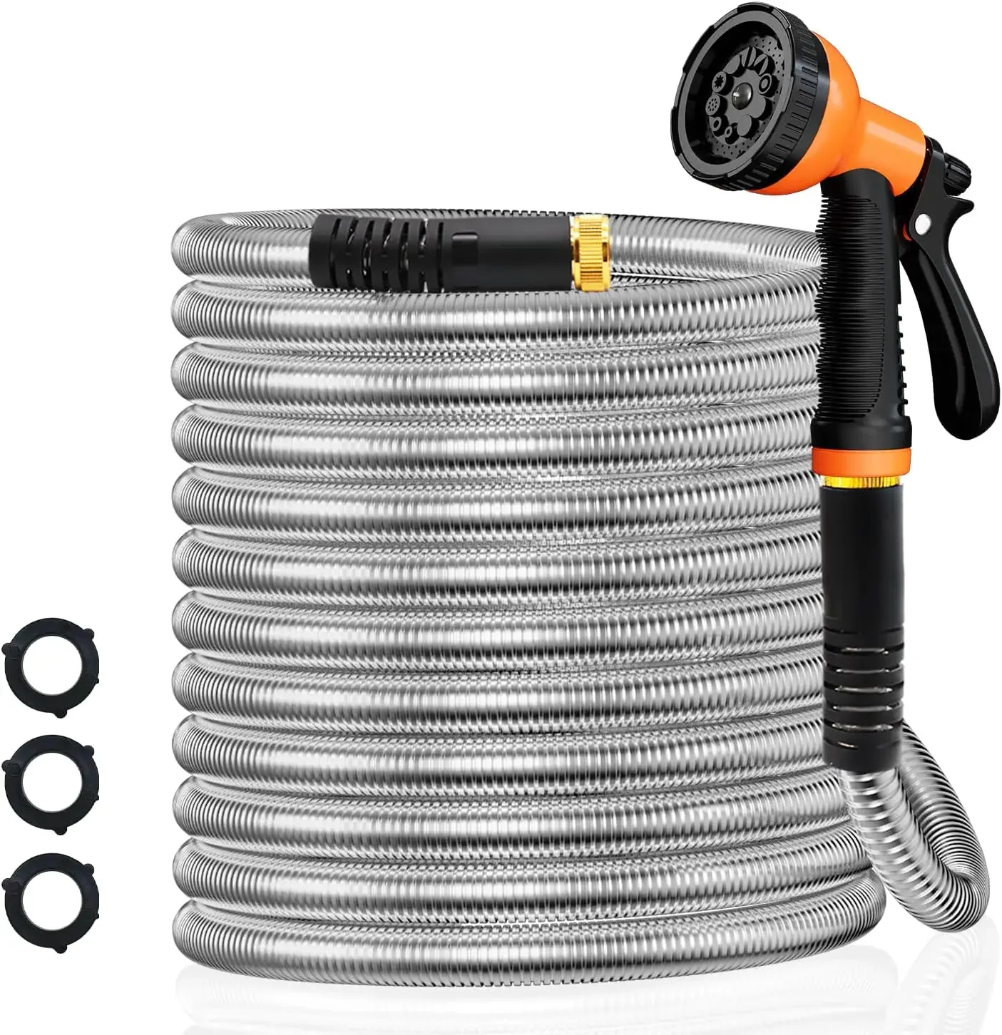 

USA 75FT Stainless Steel Water Hose w/ 10 Functions Adjustable Spray Nozzle, Kink Leak Dog Proof Hose for Yard Lawn(Orange)