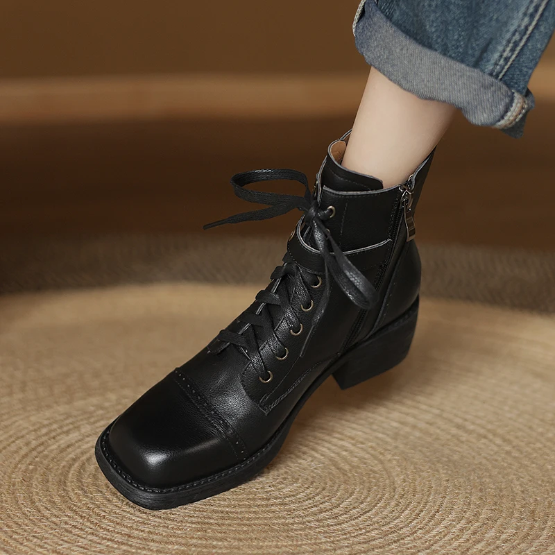 NEW Autumn Women Boots Genuine Leather Shoes for Women Round Toe Chunky Heel Shoes Lace-up Ankle Boots Zipper Designer Boots