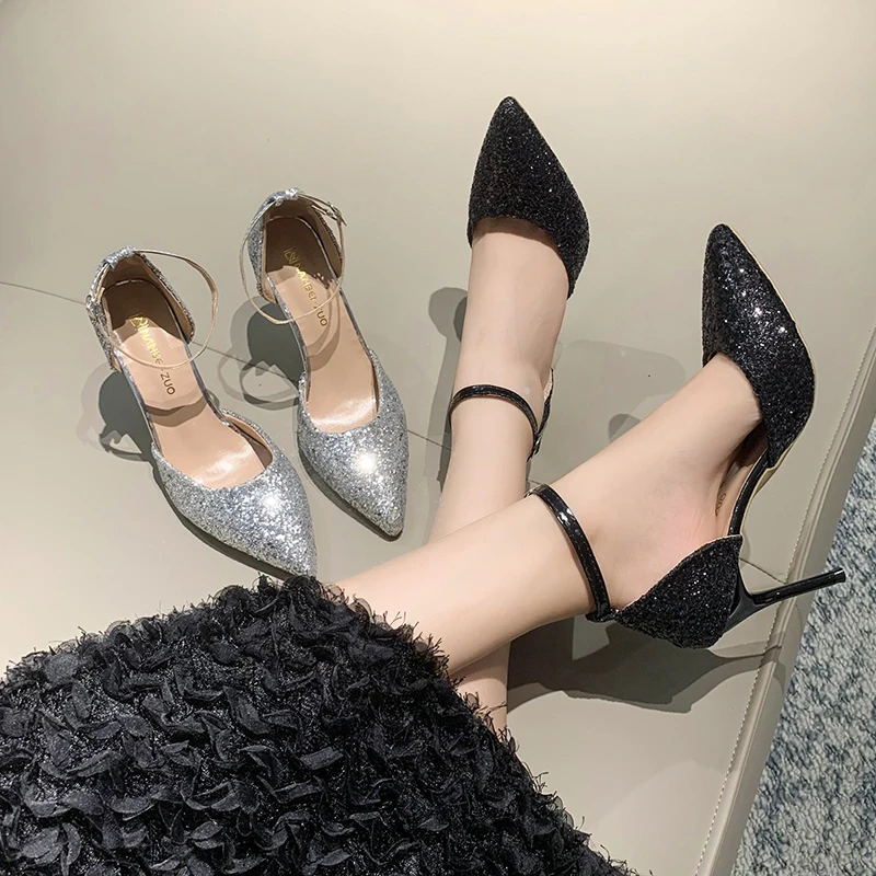 

New Fashion Sexy Crystal Thin with Sequin Wedding Shoes Feminine Bow Two Wear Not Tired Feet Silver High Heels Zapatos Mujer