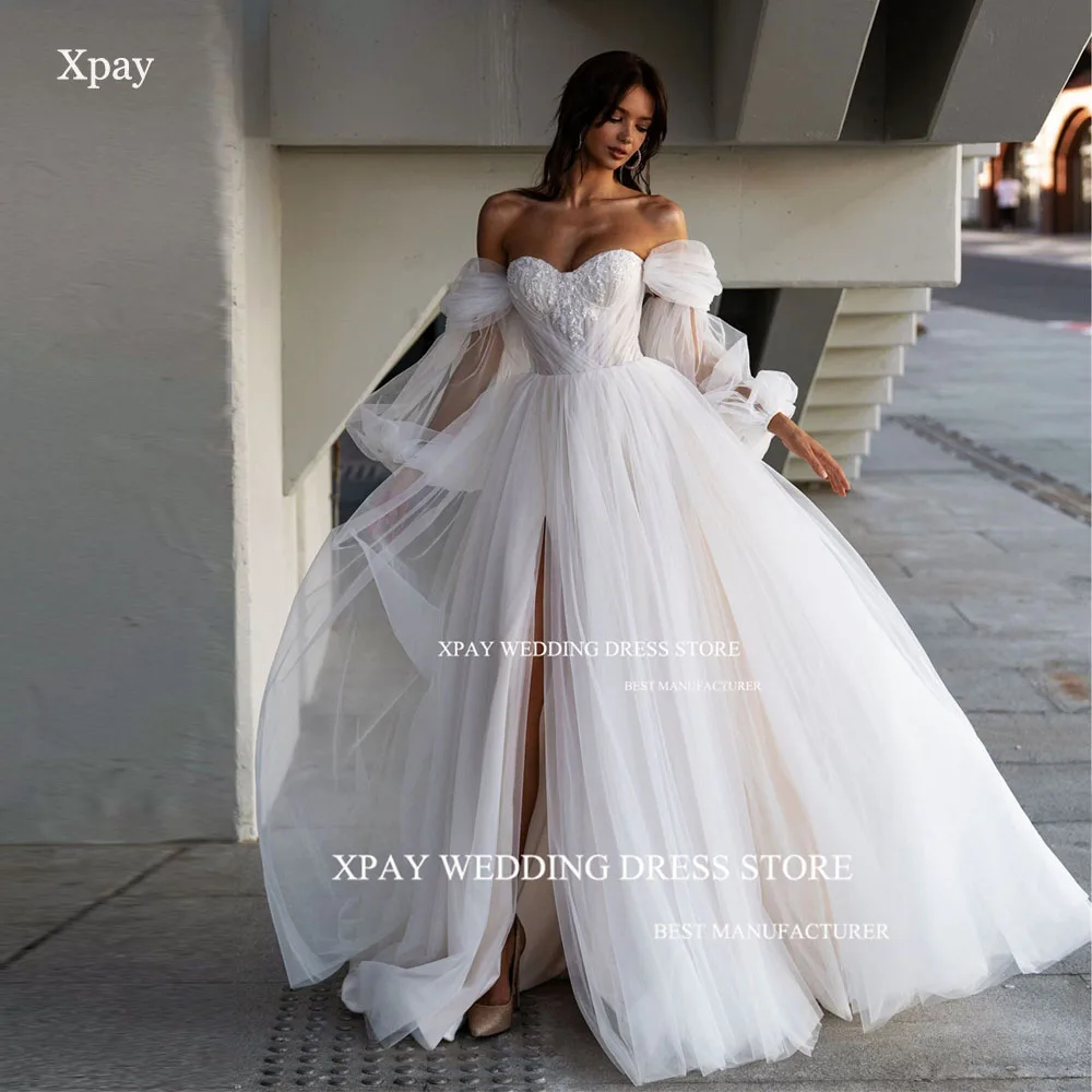 XPAY Princess Sweetheart Wedding Dreses Long Puff Sleeve Customized Bride Dress Lace Appliques SIde Split Beach Boho Bridal Gown