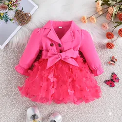 Vestido de traje para recién nacido, flores, malla, mariposa, moda, fiesta, pequeña princesa, regalo de cumpleaños de Navidad, solapa, ropa para niños