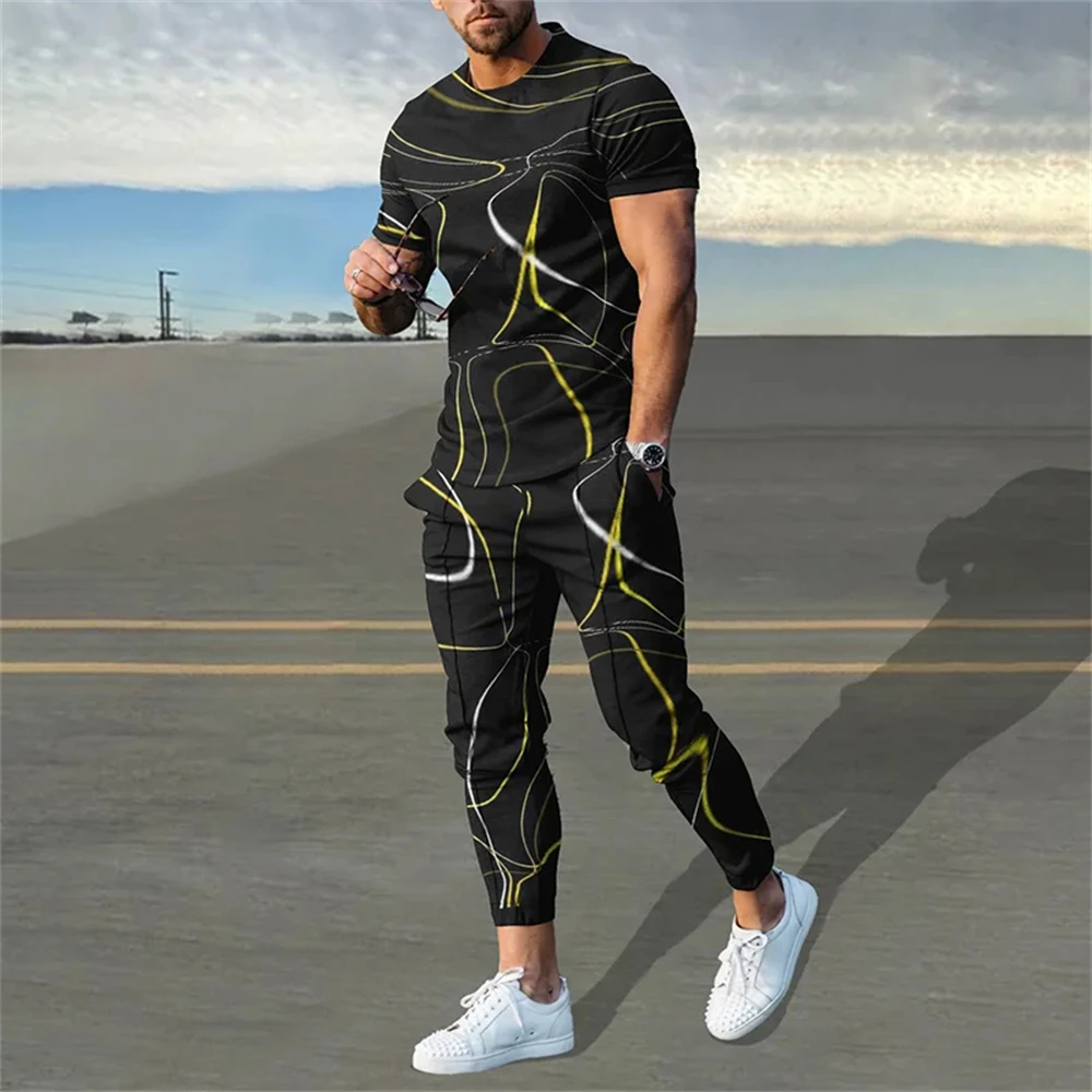 Men T-Shirt Tracksuit 2 Piece Set Short Sleeve Sportswear Suits Fashion Man Clothing Trousers Casual O-Neck Tops Pant Streetwear