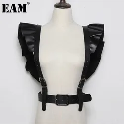 [EAM]  Pu Leather Black Buckle Ruffles Split Joint Wide Belt Personality Women New Fashion Tide All-match Spring 2024 1S544