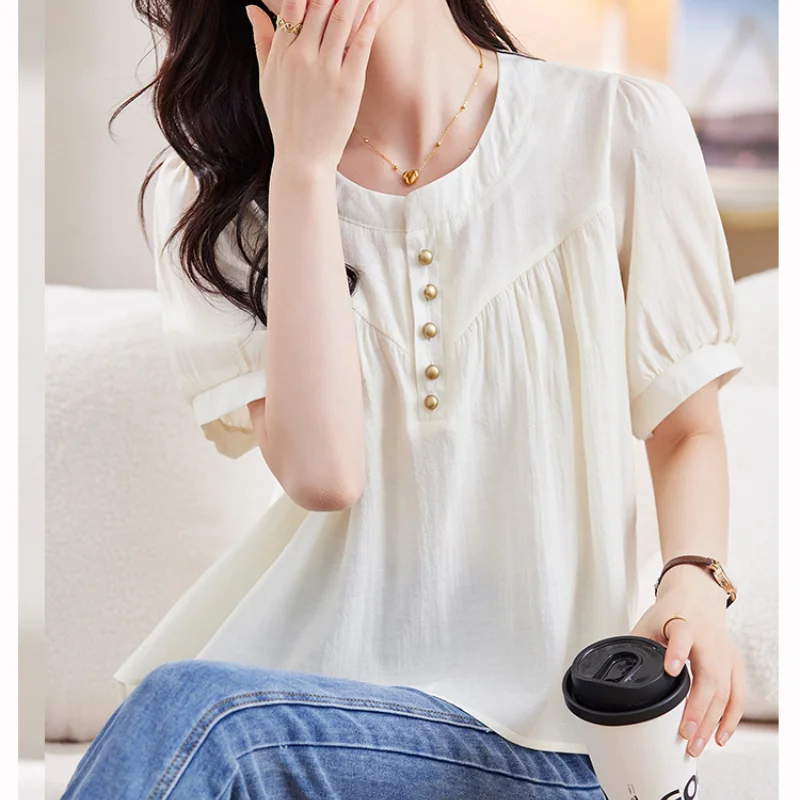 Summer Women\'s Solid Cream Neck Short Sleeve Loose Thin Classic Korean Pullers Button Fashion Casual All Match Commute Tops