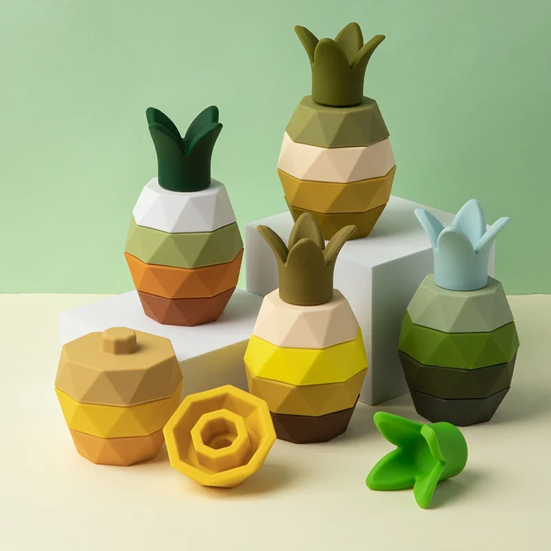 Kid Montessory Ananas Building Blocks Giocattolo impilabile in silicone Educazione precoce del bambino Blocchi cognitivi colorati Giocattolo Massaggiagengive alla frutta