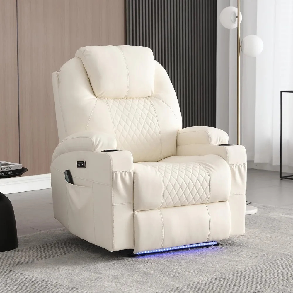 

Power Recliner Chair with Heat and Massage, PU Leather Home Theater Seating with LED Lights/Cup Holders/Side Pocket/USB Port, Re