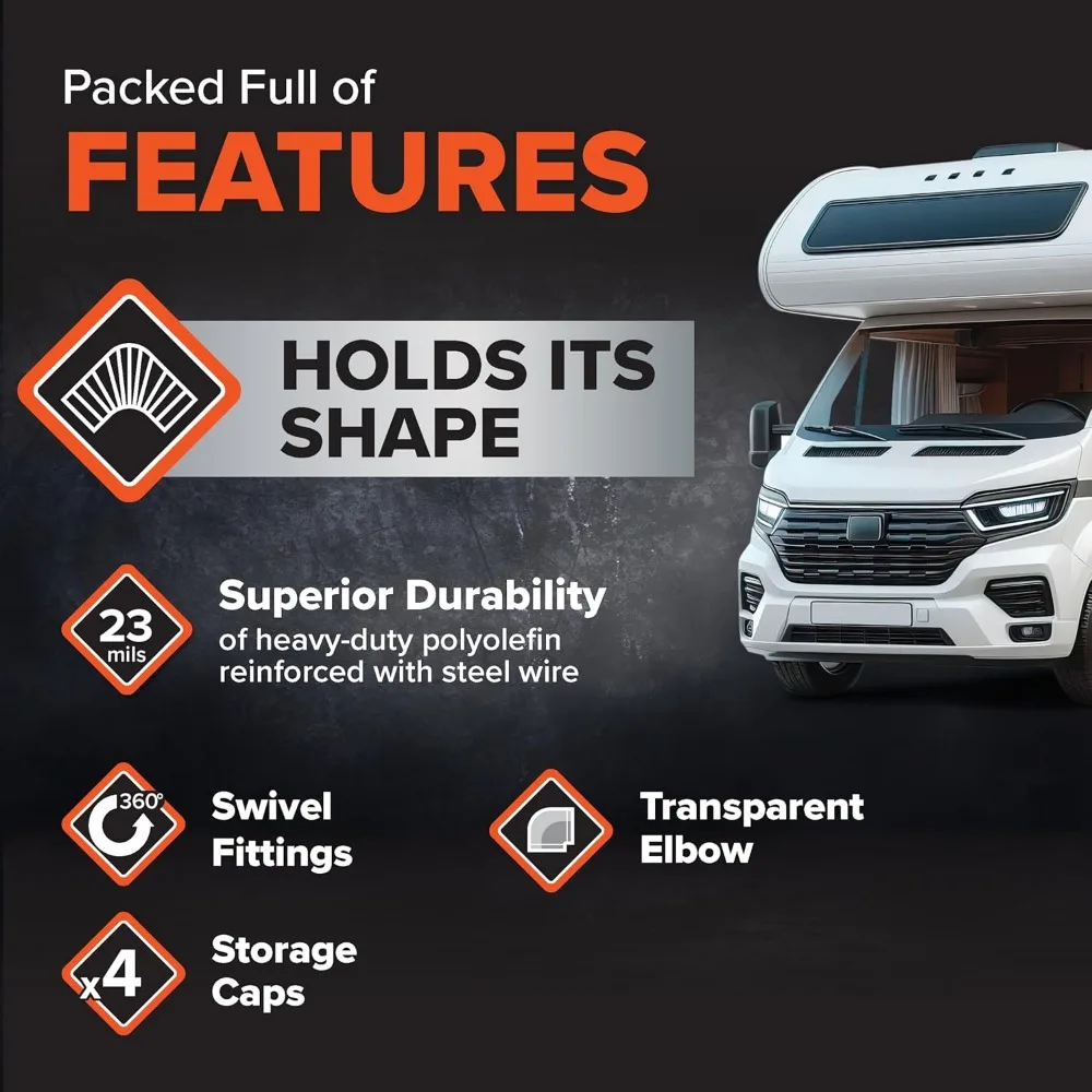 طقم خرطوم الصرف الصحي RV بطول 20 قدمًا مع كوع شفاف ومحول 4 في 1 قابل للإزالة لتوصيلات ملولبة NPT مقاس 3 بوصات أو 3 بوصات/3.5 بوصة/4 بوصة