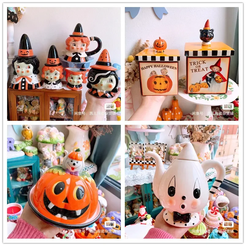 Cartoon Halloween All Saints' Day 3D Relief Handdrawn Ceramics Cake Candy Jar Storage Tank Teapot Tableware Household Dinnerware