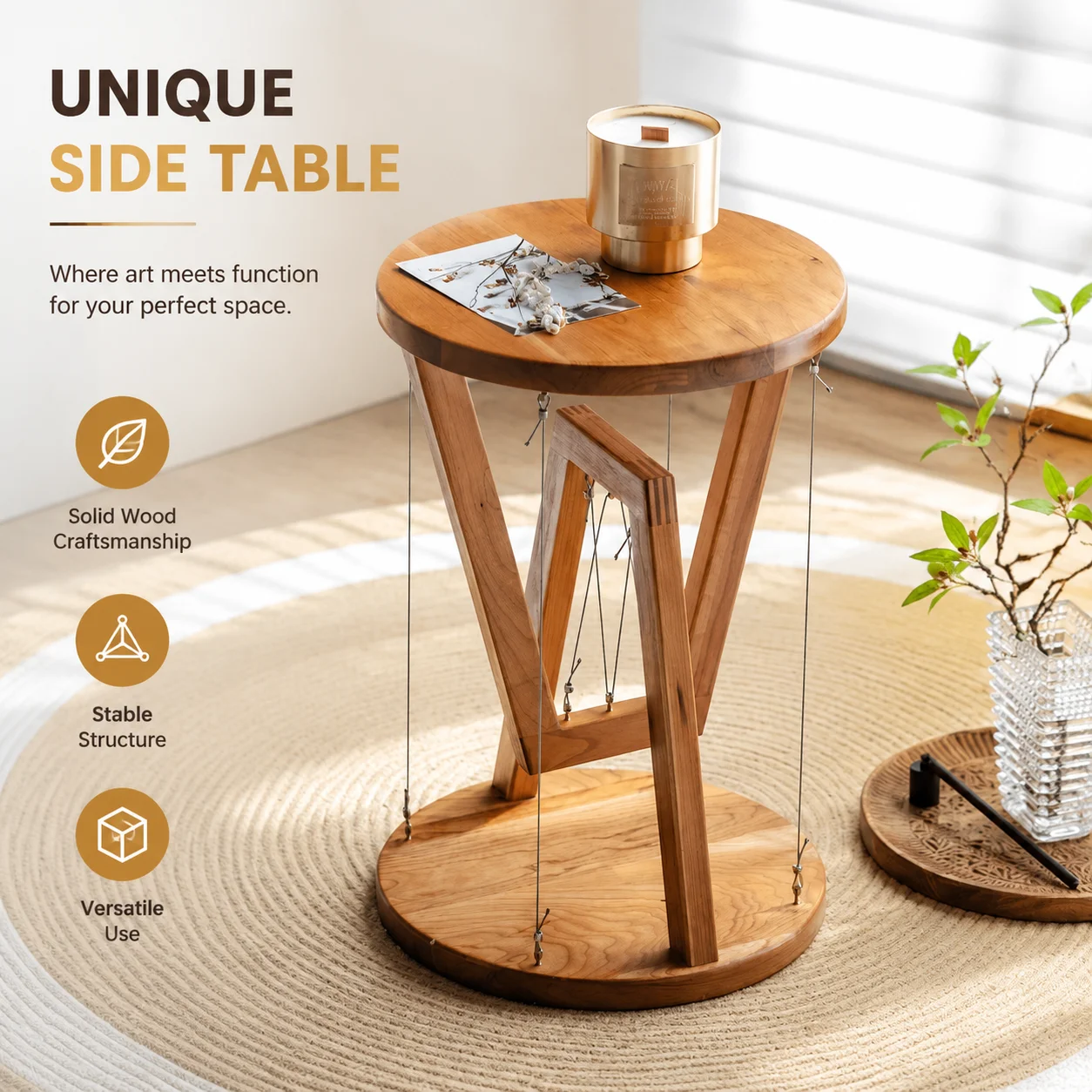 Floating Round Coffee Table – Solid Wood, Minimalist Design for Living Room or Sofa Side