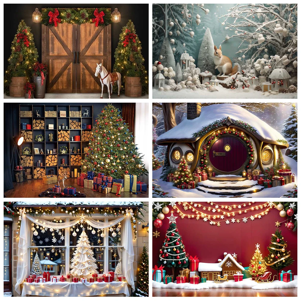 

MOON.QG Snowy Christmas Backdrops Candle Arch Door Living Room Backgrounds Custom Photocall Anniversairy Wallpaper Decorations