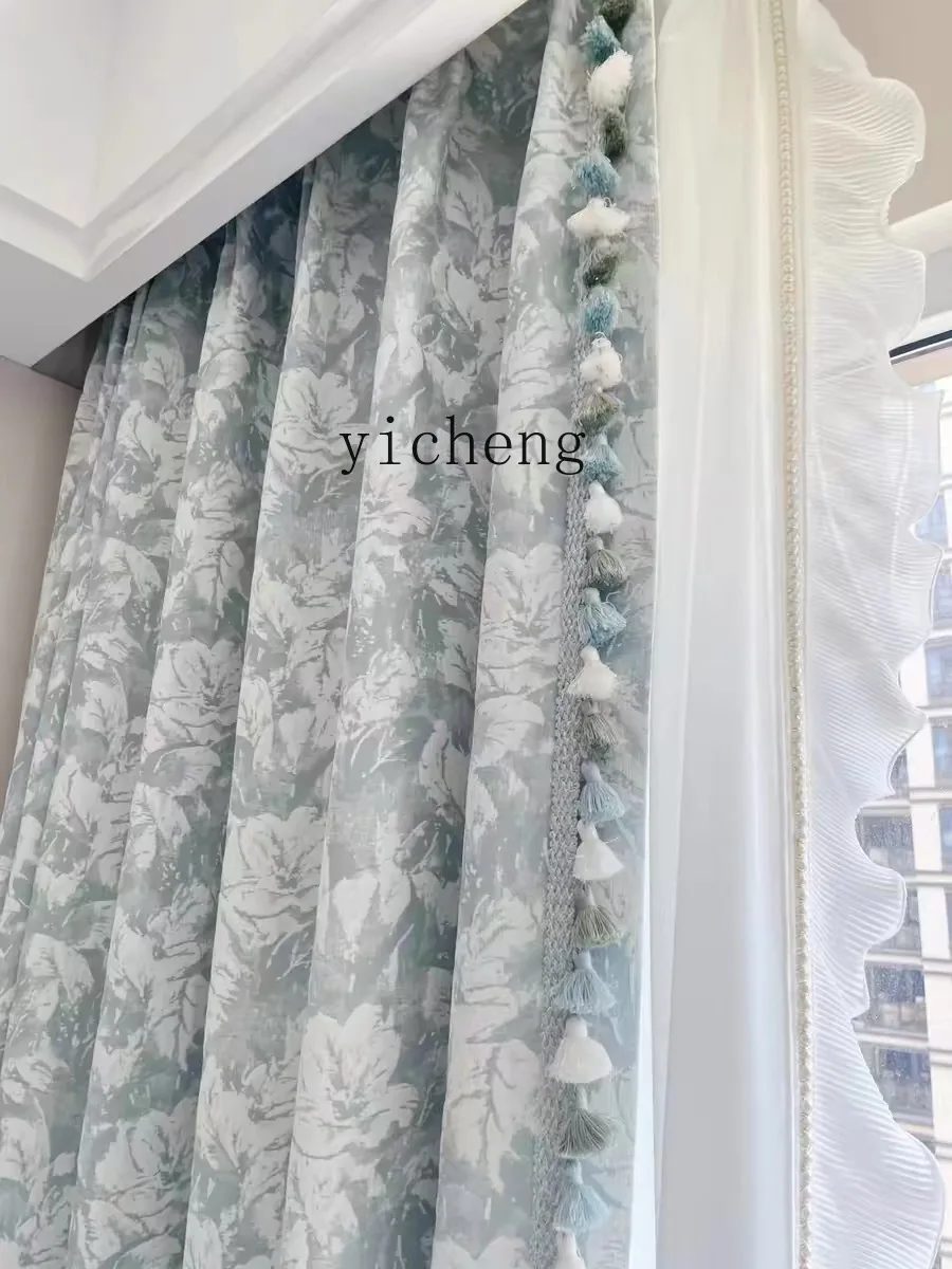 

FY Custom Living Room Bedroom Blue Chenille Blackout Floral Curtains Lily