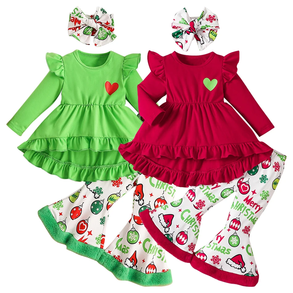 Christmas Joy for Little Girls Long Sleeve Heart Themed Top Plush Printed Pants and Hairband Sets Suitable Winter Celebrations