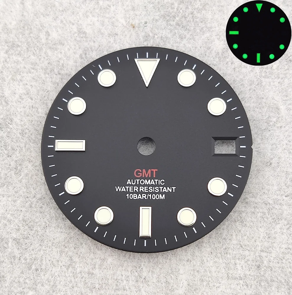 Циферблат 28,5 мм, циферблат GMT, циферблат NH35, циферблат NH34, светящийся циферблат, индивидуальный логотип, подходит для NH34/NH35/NH36, запасные части для часов с механизмом