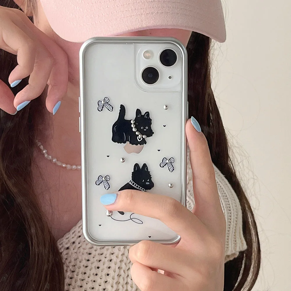 Coreia bonito dos desenhos animados cão preto 3d colar arco capa de telefone para iphone 15 pro max 12 13 14 pro max moldura de prata caso à prova de choque