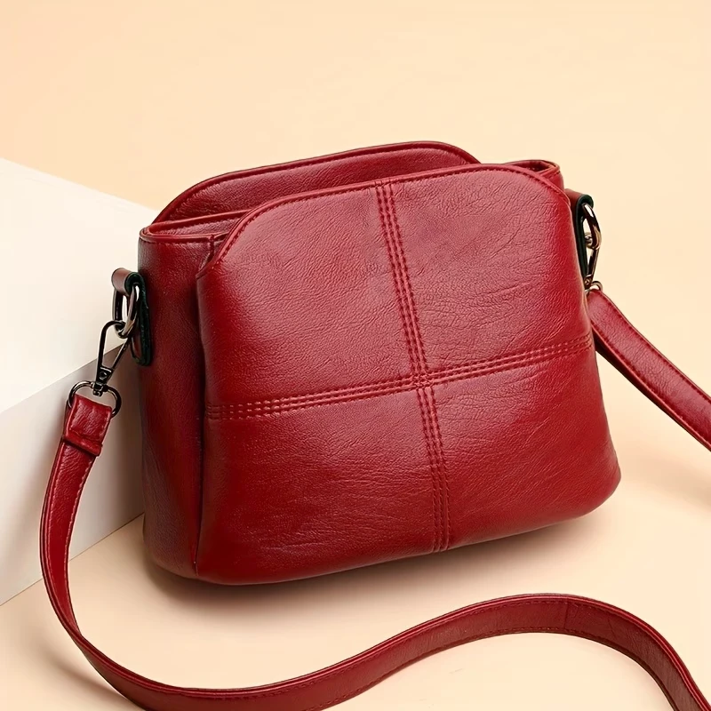 Women Vintage PU Leather Crossbody Bag Casual Daily Mini Shoulder Handbag Multi‑Layer Zipper Pocket Design Adjustable Strap Ligh