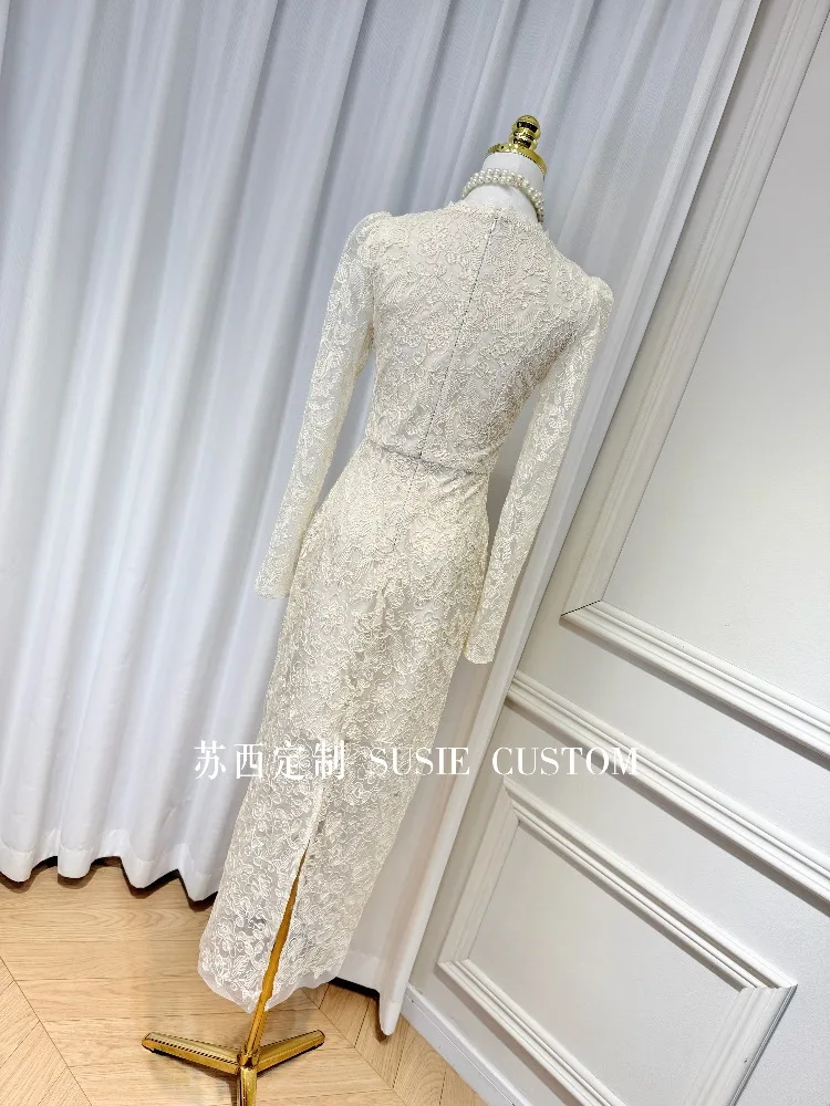 Abito da sera aderente aderente a maniche lunghe in patchwork di pizzo con temperamento elegante stile francese Abito da sera aderente aderente a vita alta Donna Autunno