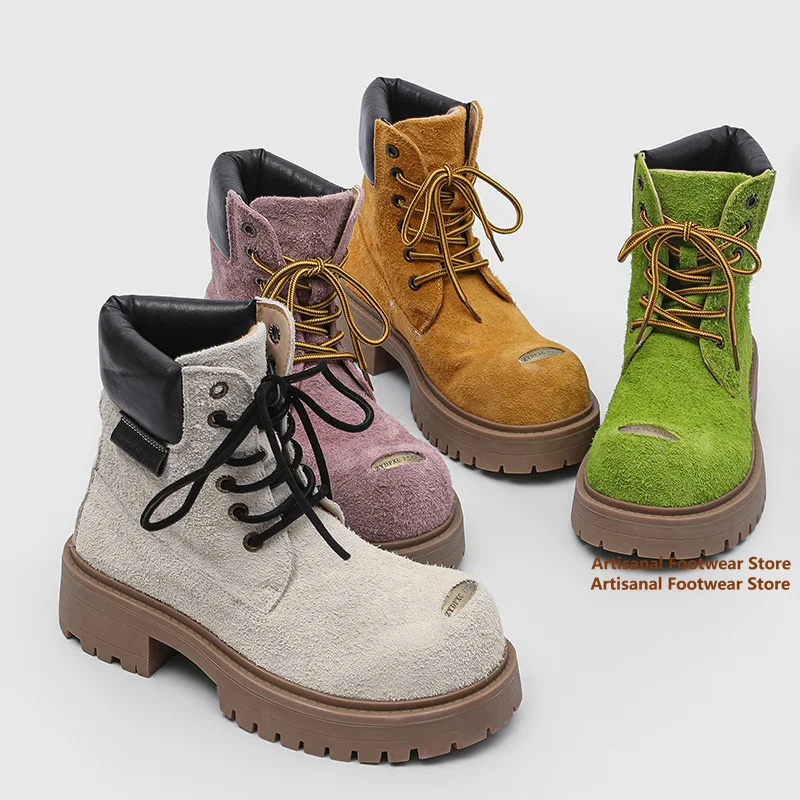 

Big Round Toe Men's Boots Thick Bottom Height Increasing Motorcycle Boots Retro Classic Outdoor Designer Handmade Men Boots