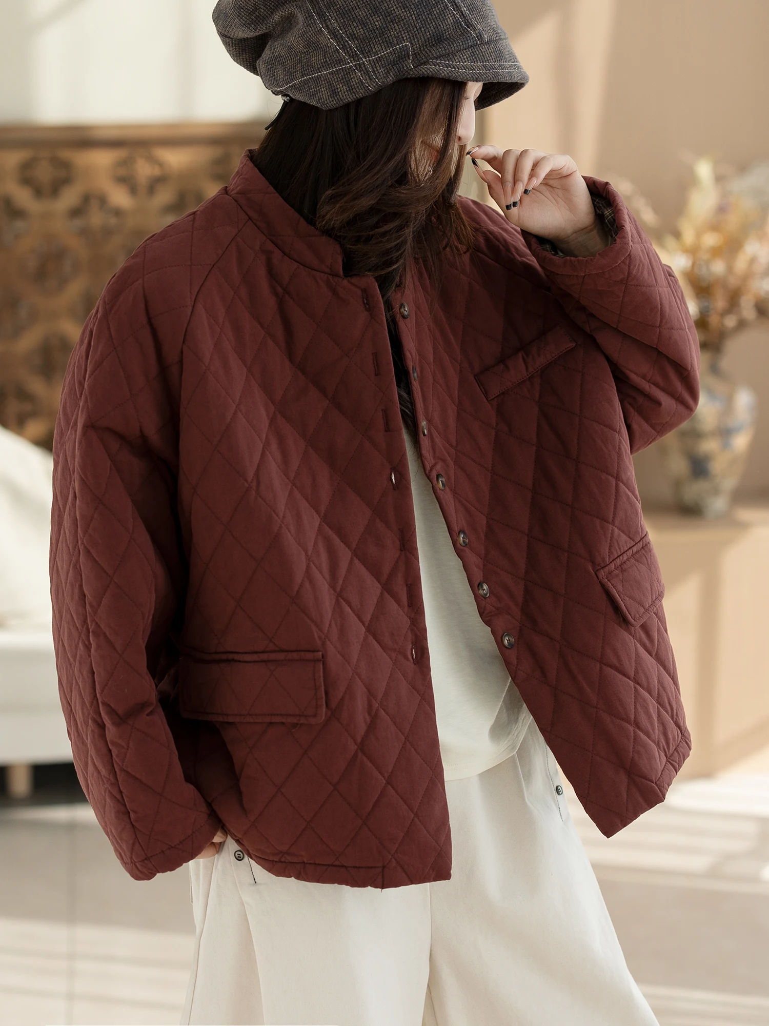 

Женское хлопковое пальто свободного кроя с ромбовидным узором, на пуговицах, для повседневной носки, осень-зима...