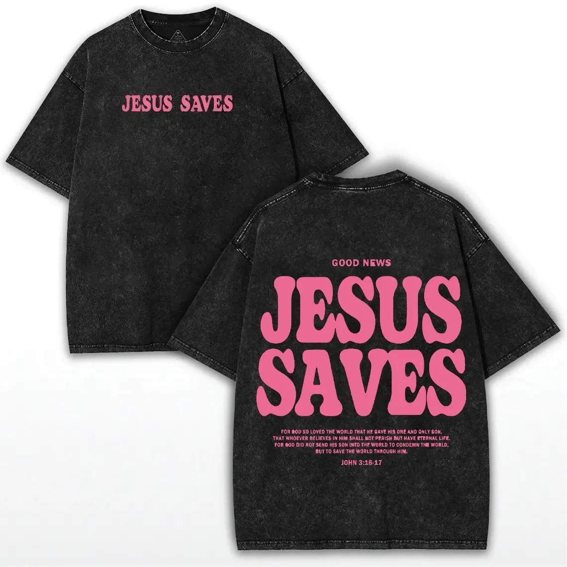 Jesus Saves T-Shirt Christian John 3:16-17 Washed Cotton Vintage Pink Letter Graphic Tee Retro Streetwear Unisex Top