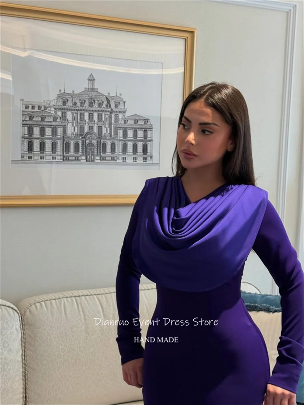 Dianruo Фиолетовые вечерние платья с капюшоном и вырезом Атласные платья русалки для гостей длиной до пола Bodycon Fit Robes De Cocktail по индивидуальному заказу
