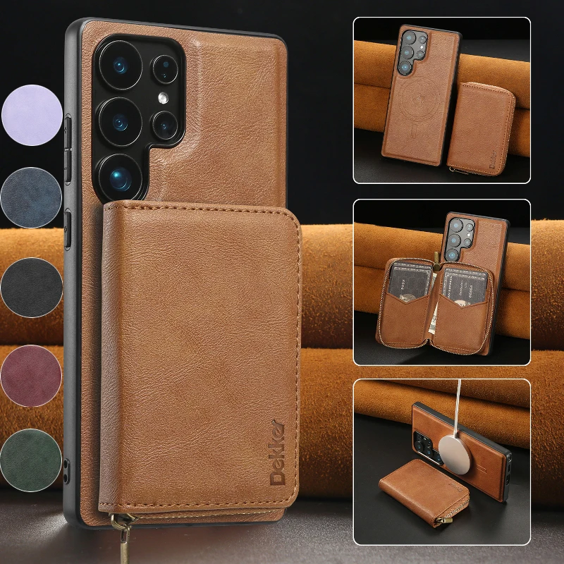 

Detachable Magnetic Phone Case For S25 Ultra S25+ S24 Ultra S23 Plus Solid Color Phone Cover With Zipper Wallet Card Bag