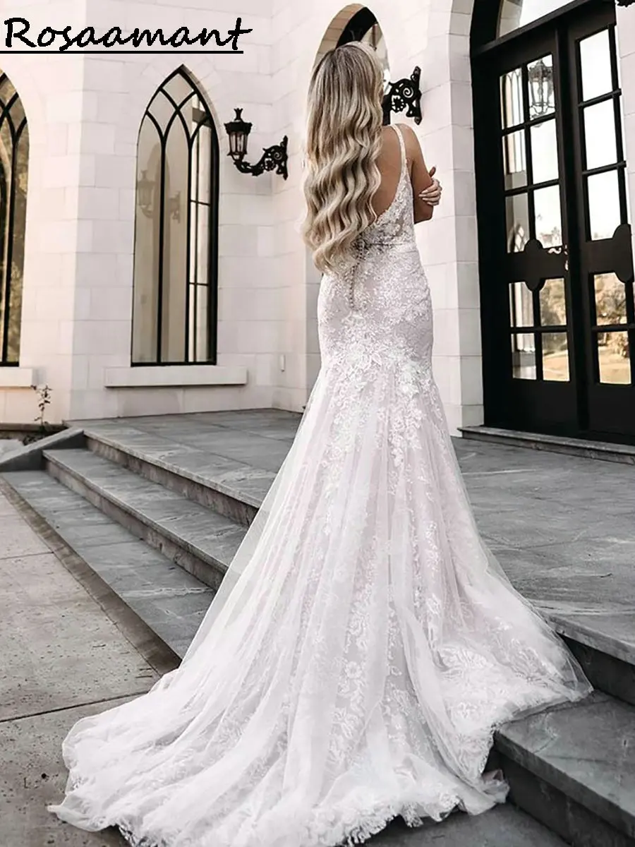 Gaun pengantin renda applique berpayet kerah V menawan gaun pengantin putri duyung tali Spaghetti Backless gaun pengantin Boho