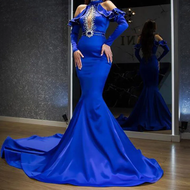 Beads Cut-Out Women Prom Dress Half High Collar Fishtail Skirt Elegant Blue Lotus Leaf Sleevee Evening Dress New Design In Stock