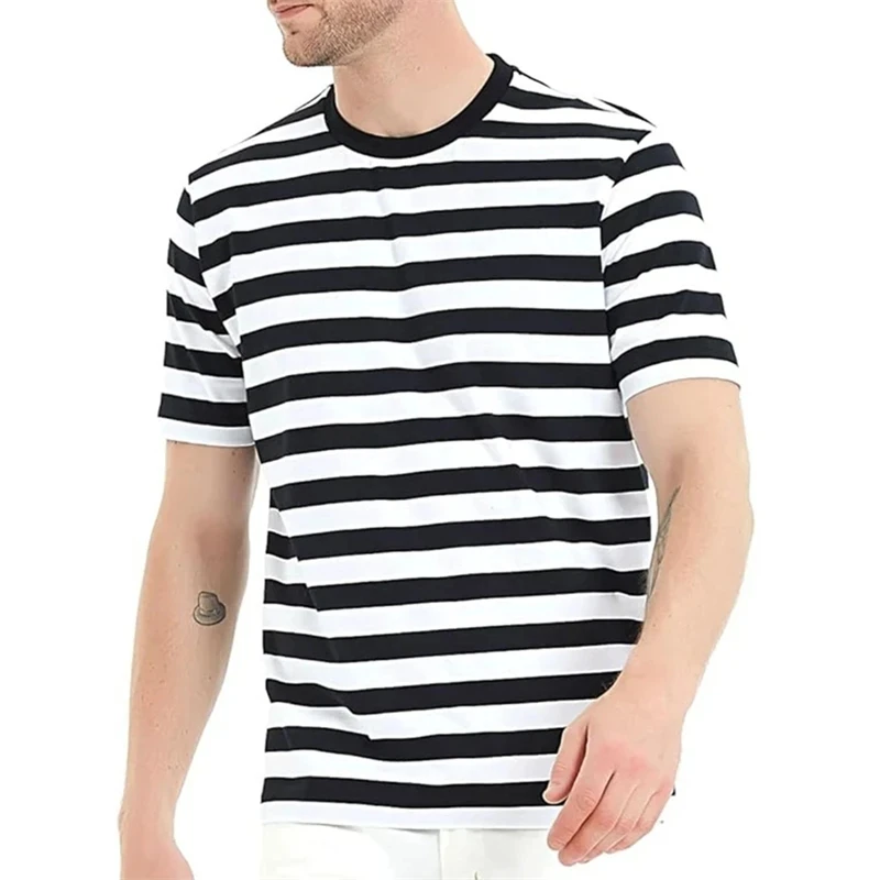 Summer fashion men's printed T-shirt with checkered horizontal stripes, sporty and casual men's short sleeved plus size comforta