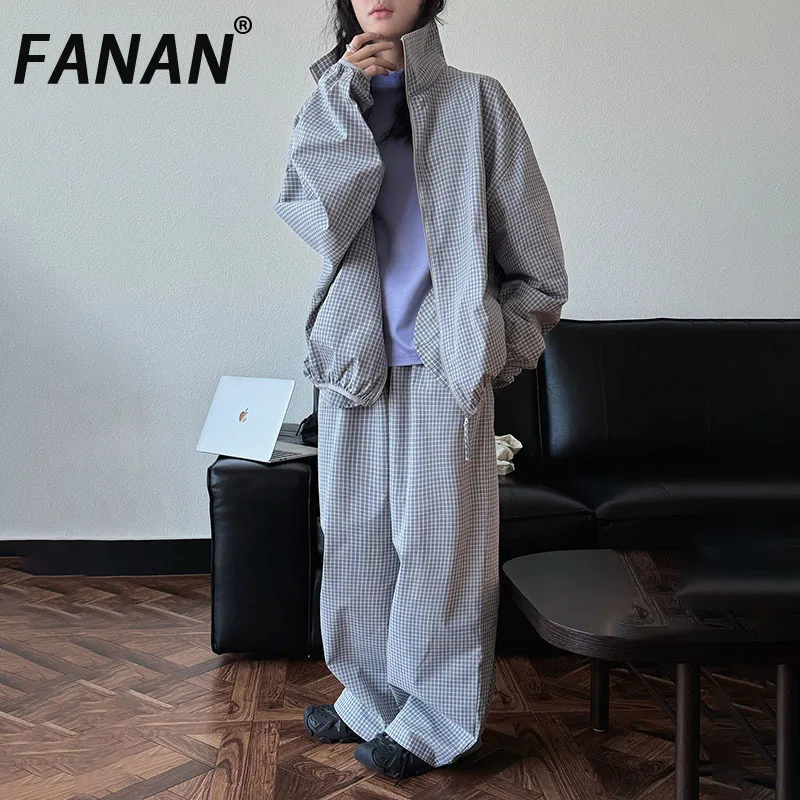 

FANAN Women's Casual 2 Piece Set Stand Neck Long Sleeve Loose Jackets+elastic High Waist Straight Pants Female 2025 Summer New