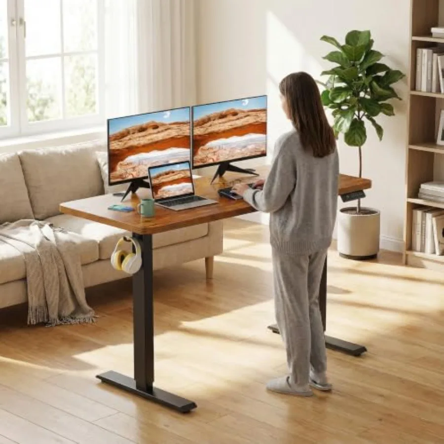 Electric Standing Desk Adjustable Height, Sit Stand Up Computer Desk with Double Metal Hook 4 Memory Preset Heights, 27''-46''