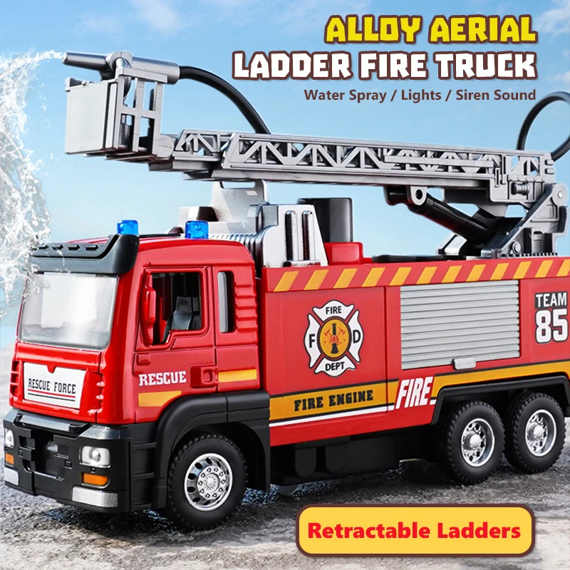 1/50 RC Sprinkler Fire Truck Diecast Alloy Toy With Light Music Water Simulation Spray Ladder Rescue Car Kids Toy Christmas Gift