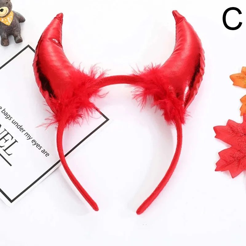 Solid Color Plush Devil Ears Hair Hoop Funny Horns Cosplay Halloween Party Performance Masquerade Hair Decoration Headband Props