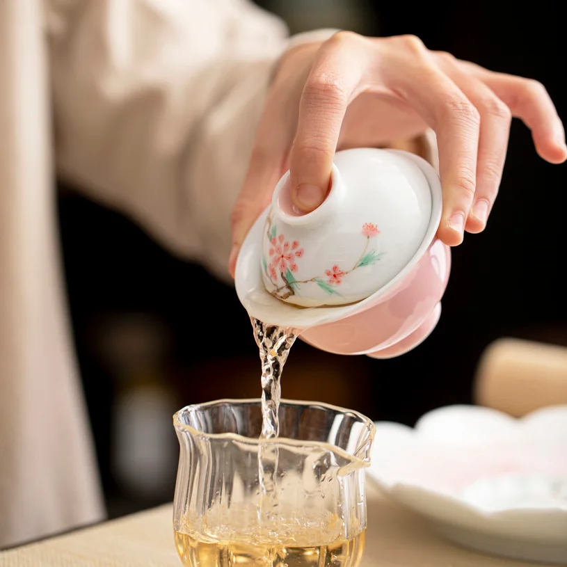 Pink Glaze Hand Painted Peach Blossom Two Tureen Underglaze Color Household Small Tea Cup Kung Fu Set Single