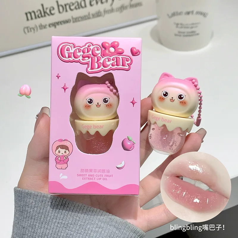 Gege Bear Cute Fruit-Flavored Lip Oil, Can Be Key Pendant, Hydrating & Moisturizing Lip Balm for Lipstick Base, Reduces Lip Line