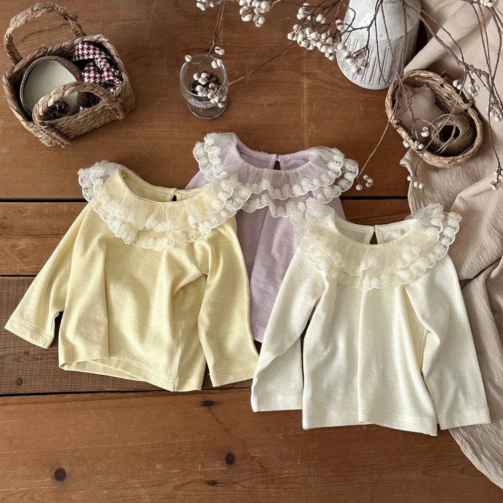 Spring and Autumn Baby Double Layered Three Dimensional Lace Lotus Leaf Collar Long Sleeved Top Girls Baby Princesses Undercover