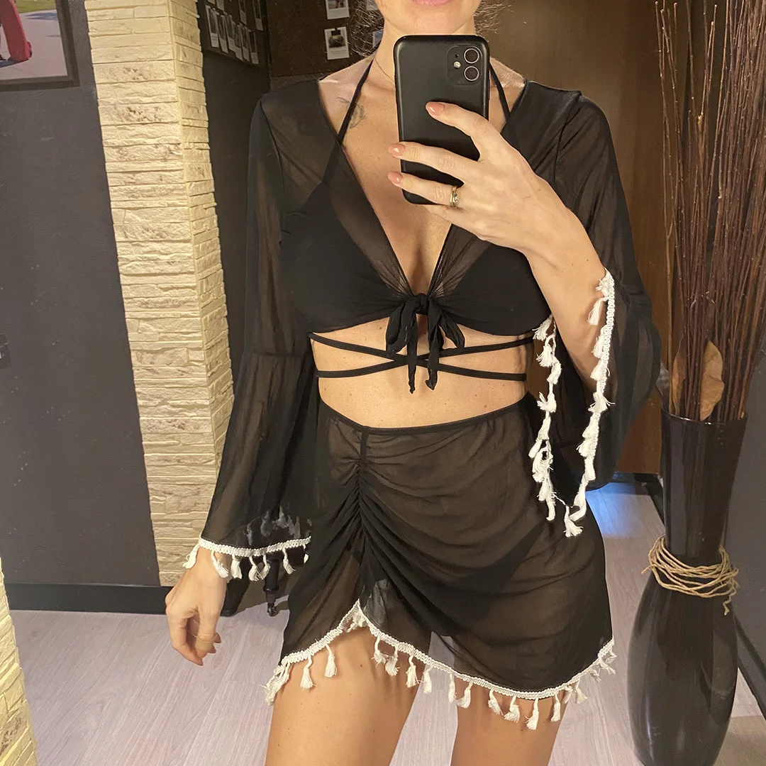 S - XL, mit Fransenrock, langärmeliges Bikini-Set für Damen, Badebekleidung, vierteiliges Bikini-Set, Badeanzug, Badebekleidung, Modell V7060. – Detail 10