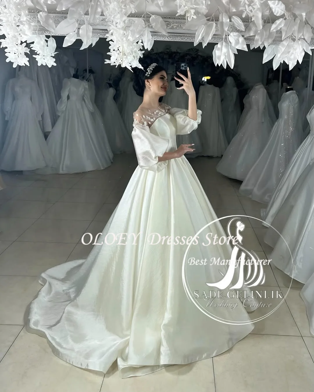 OLOEY Applique Wedding Dress Off Shoulder Sweet 3D Flower A-LINE Prom Dresses Puff Sleeve Illsion Party Gown Customized Bridal