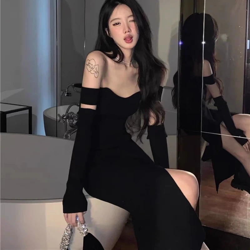 Slash Neck Black Long Dress Women Elegant Pure Off-shoulder Sexy Chic French Style Leisure Side-slit Gentle Slim Temperament Ins