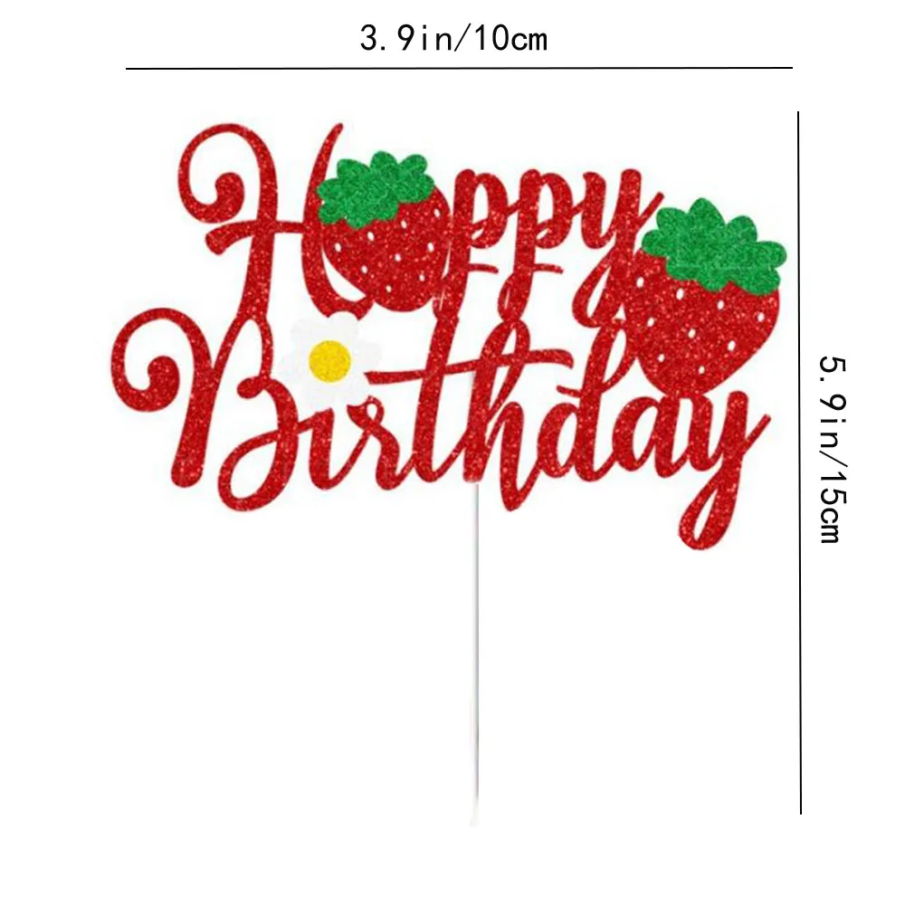 1 PC Strawberry Happy Birthday Cake Topper Dekoracyjny znak, czerwony brokat Dekoracja imprezowa Rekwizyty, przyjęcie urodzinowe Tort Supplies. — zdjęcie 7