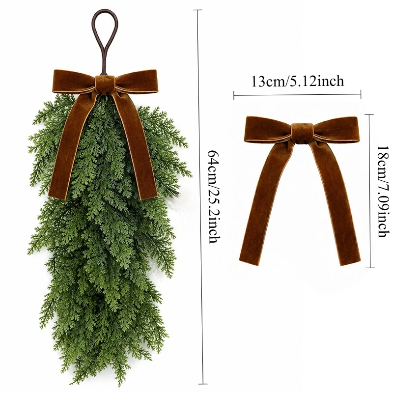 2 Stück Künstliche Zedern-Tropfenkranz mit Samtschleife, Hängendes Evergreen-Grün für Weihnachtsdekoration an Tür, Wand, Kamin und für Feiertage – Detail 2