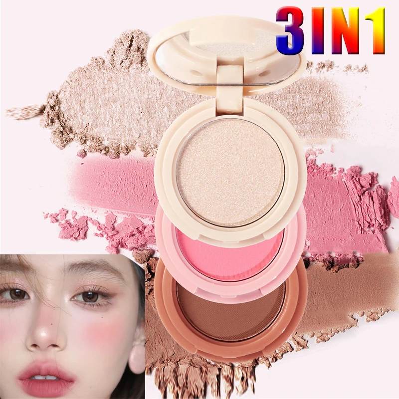 Multifunzione Blush Highlight Contour Powder 3In 1 Palette per il trucco del viso duraturo facile da indossare Glitter Rouge Contouring Highlighter