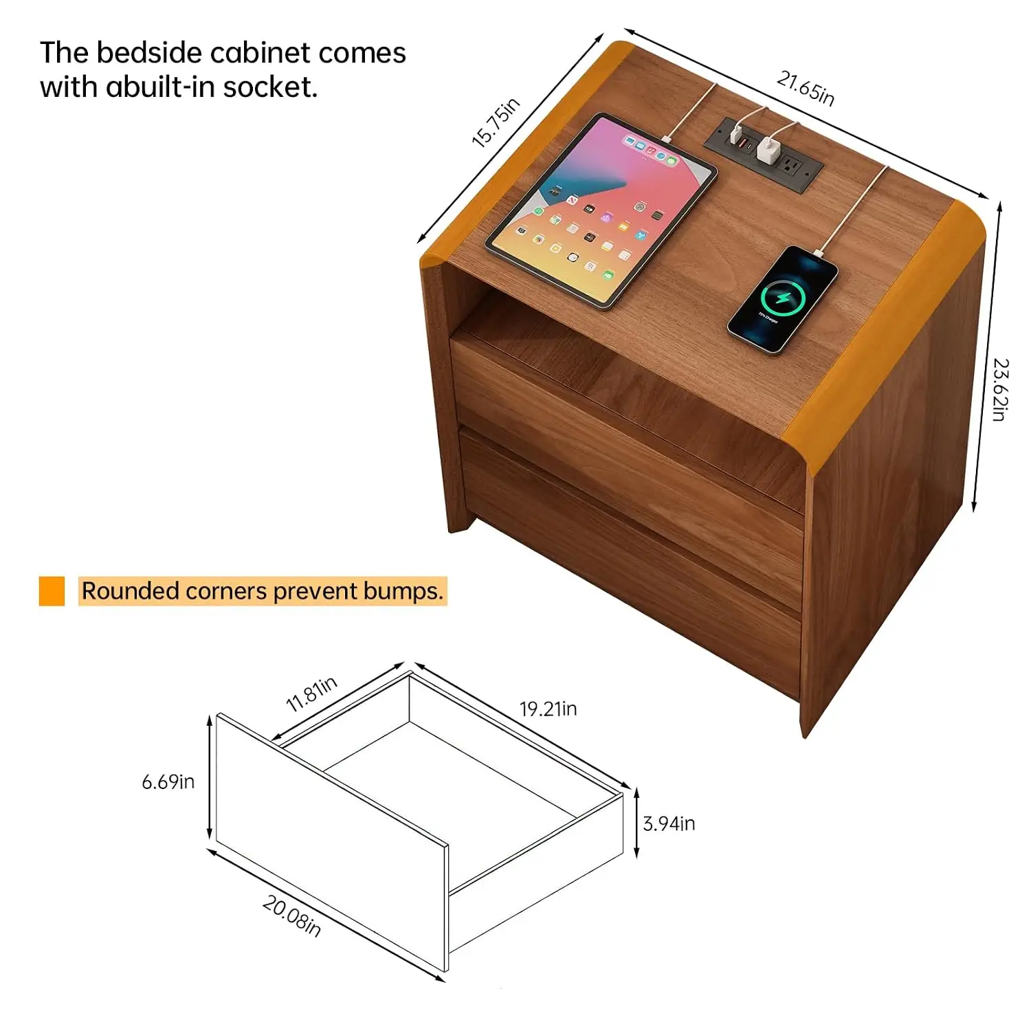 Walnut Nightstand with 2 Drawers & Charging Station, 21.6-Inch Wide Curved Anti-Collision Design for Bedroom, Customized