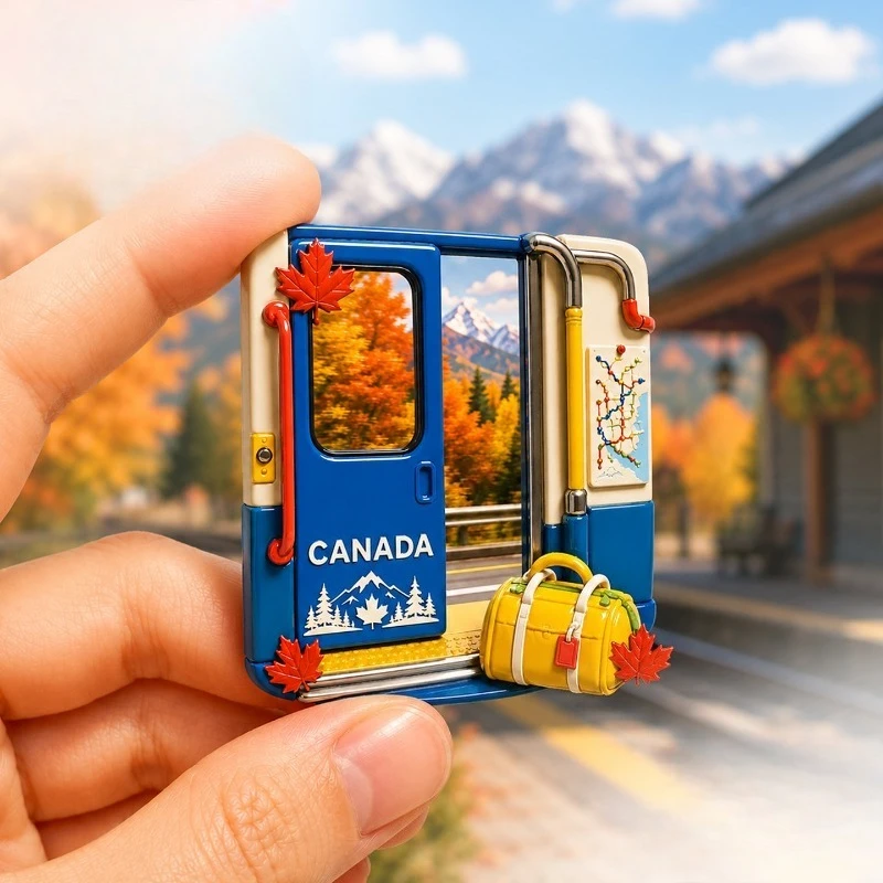 Canada Autumn Train Door Fridge Magnet - Picturesque 3D Seasonal Souvenir Unique North American Gift for Travel & Rustic Decor