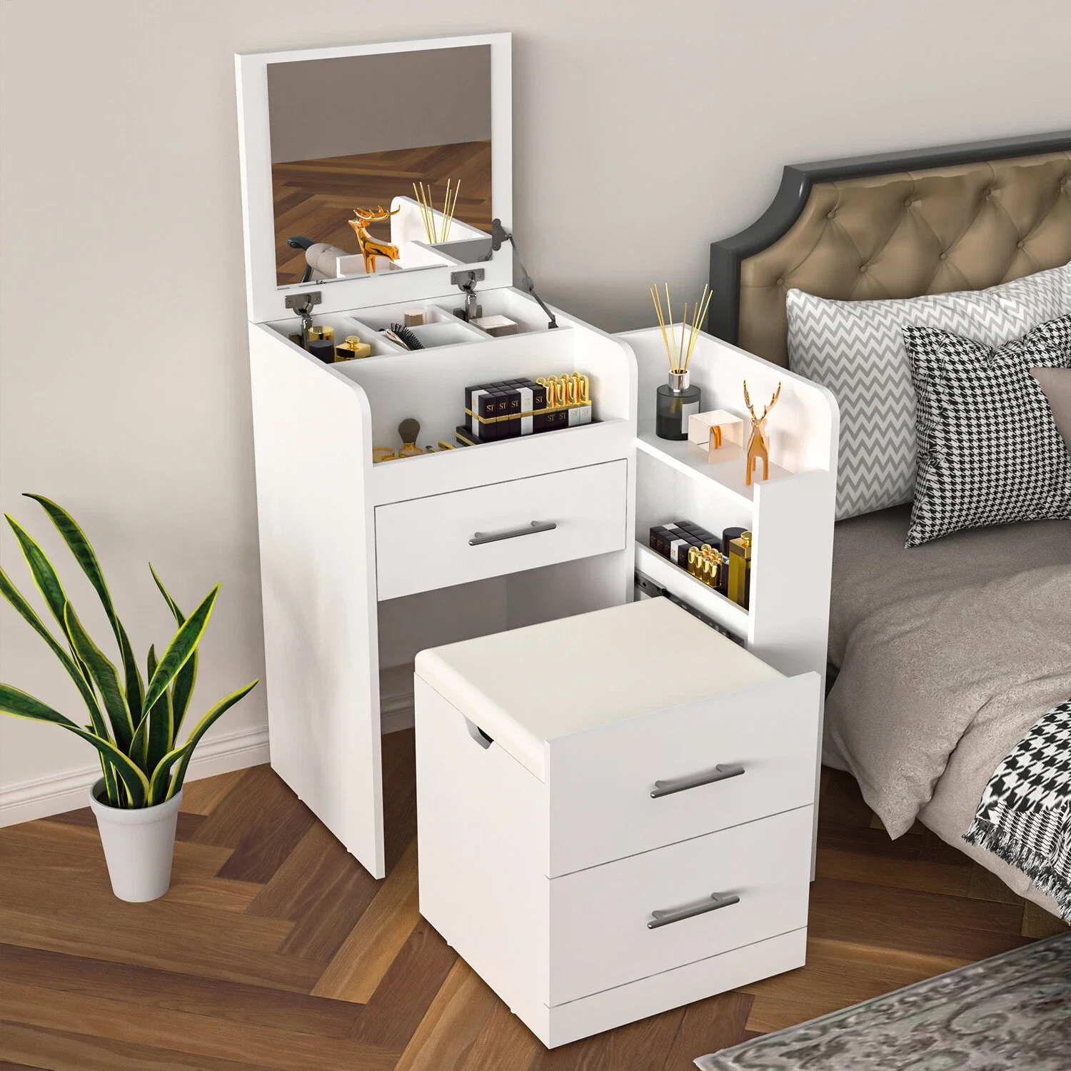 Tocador con espejo y taburete Cosméticos que ahorran espacio Tocador de mesa Espejo oculto Cómoda de 3 cajones Blanco