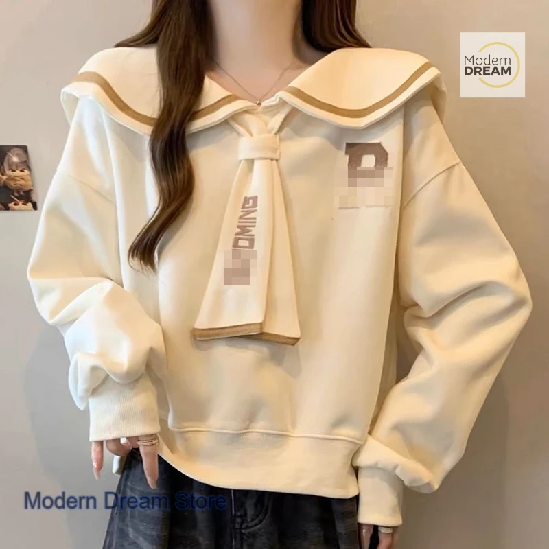 

French style fake two ties shoulder sweater women's autumn and winter new plus-size college style navy collar age-reducing coat